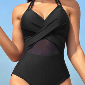 Black Halter Mesh Insert Cross Front One-Piece Swimsuit