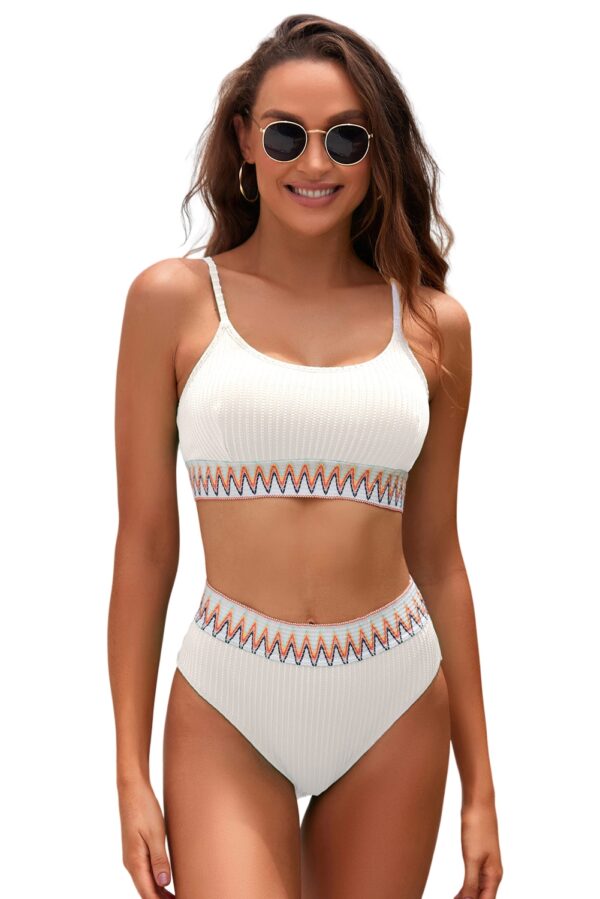 White Textured Contrast Banding Bikini High Waist 2pcs Swimsuit - Image 13