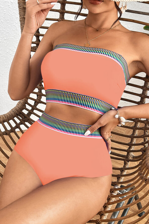 Peach Blossom Contrast Banding Tube Bikini High Waist 2pcs Swimsuit - Image 10