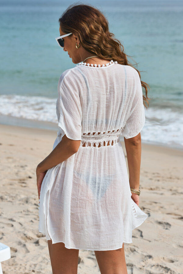 White Pom Pom Trim Drawstring Crochet Waist Beach Kimono - Image 5