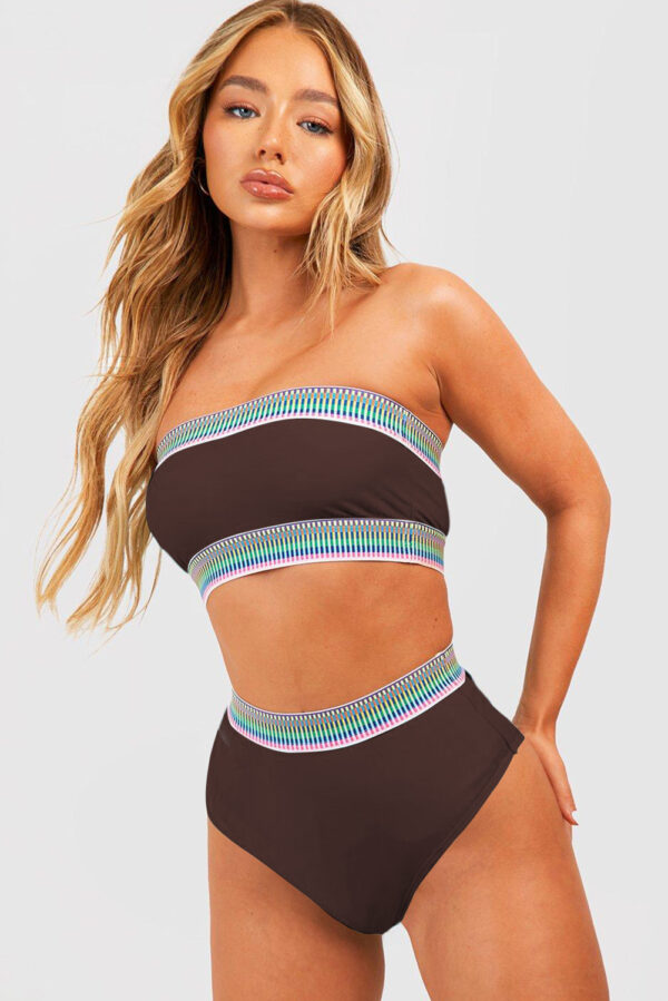 Coffee Contrast Banding Tube Bikini High Waist 2pcs Swimsuit - Image 3