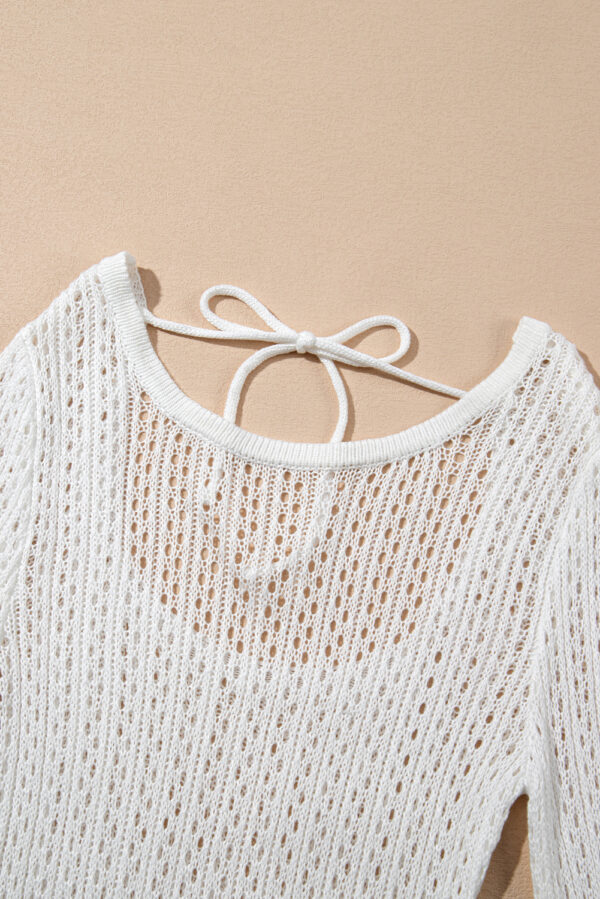 White Hollowout Knit Bell Sleeve Drawstring Short Beach dress - Image 23