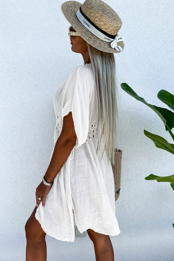 White Pom Pom Trim Drawstring Crochet Waist Beach Kimono - Image 3
