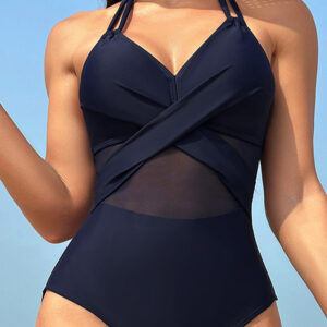 Navy Blue Halter Mesh Insert Cross Front One-Piece Swimsuit