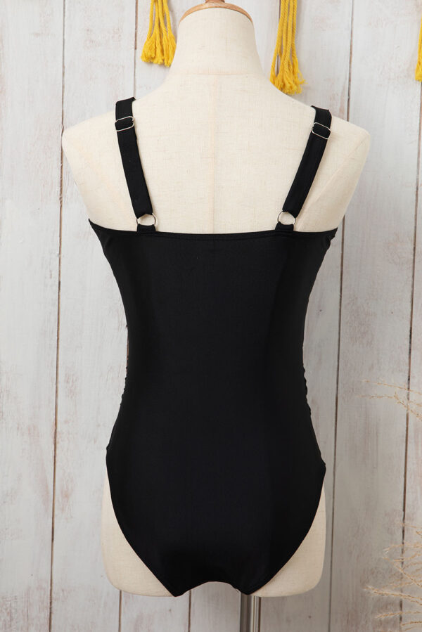 Brown Leopard Mesh Insert V Neck High Waist Monokini - Image 3