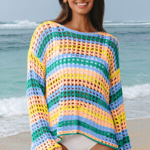 Beau Blue Multi Stripe Open Knit Sweater Beach Cover Up